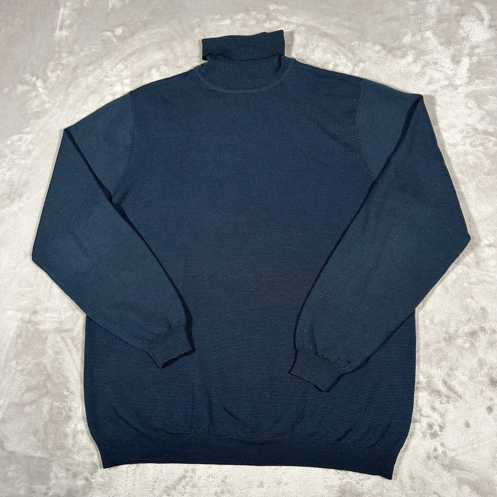 Eddie Bauer Fine Italian Merino Wool Sweater Men XL Tall Blue Turtleneck Vintage